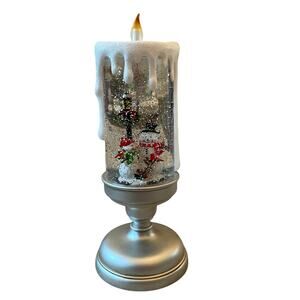 Illuminated Silver Glitter Pedestal Candle 13in Christmas Holiday Snowman New